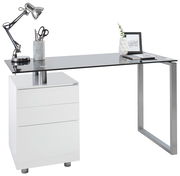 Moderner Schreibtisch mit Glasplatte und integriertem weißen Schubladenschrank, seitliche Perspektive