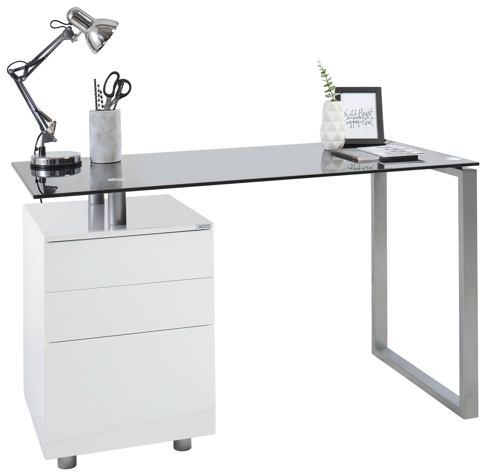 Moderner Schreibtisch mit Glasplatte und integriertem weißen Schubladenschrank, seitliche Perspektive