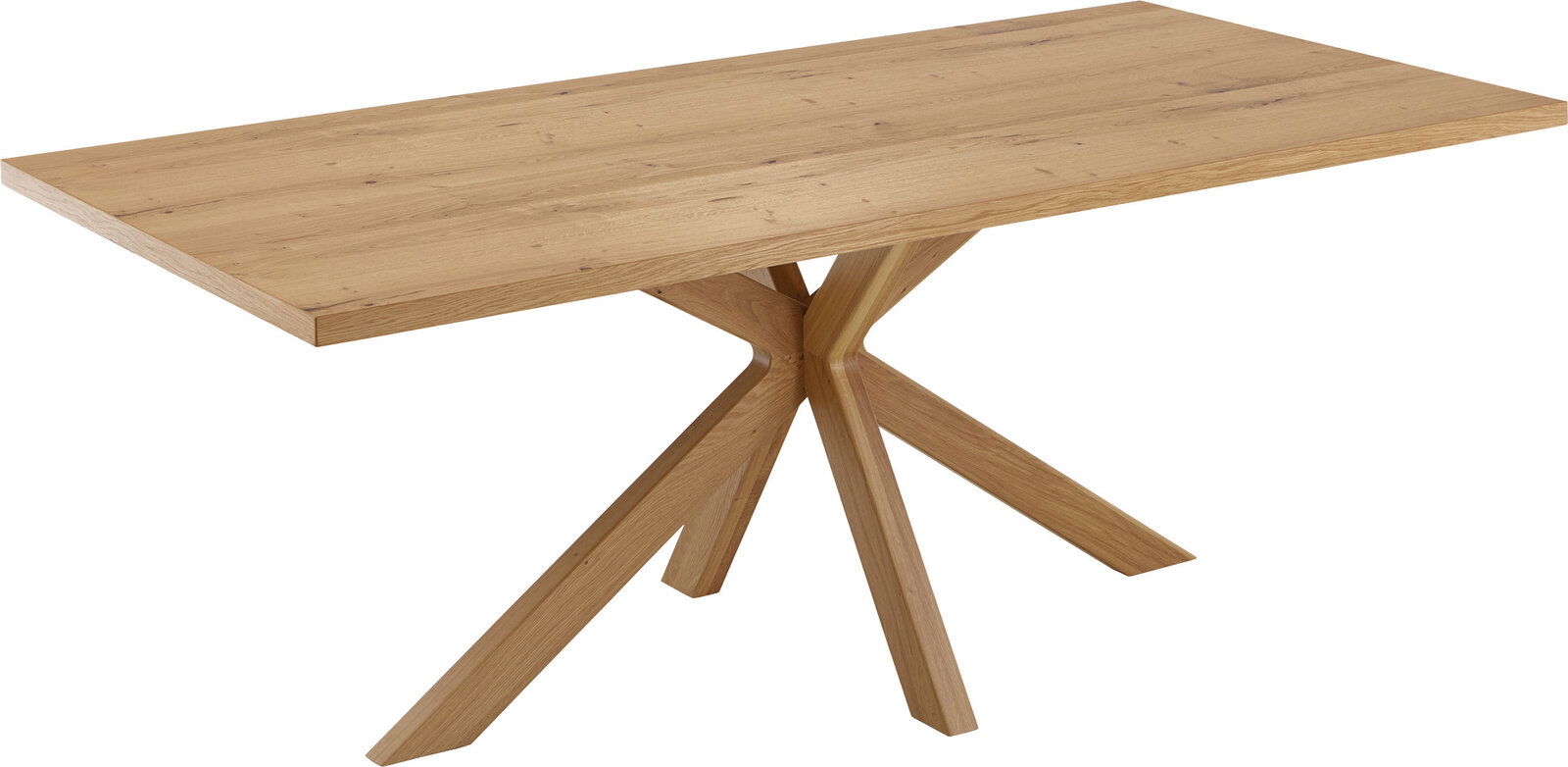 Rechteckiger Esstisch aus hellem Holz mit markanter X-förmiger Kreuzfuß-Konstruktion, freigestellt auf weißem Hintergrund, in schräger Perspektive von oben/vorne gezeigt.