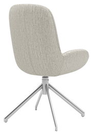 Rückansicht eines modernen Stuhls mit hellgrauem Stoffbezug und einem stabilen Metallgestell mit vier Beinen.