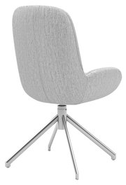 Rückansicht eines modernen Stuhls mit hellgrauem Stoffbezug und einem stabilen Metallgestell mit vier Beinen.