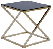 Moderner Beistell- oder Nachttisch mit schwarzer Tischplatte und goldfarbenem Metallgestell in X-Form, seitliche Perspektive.