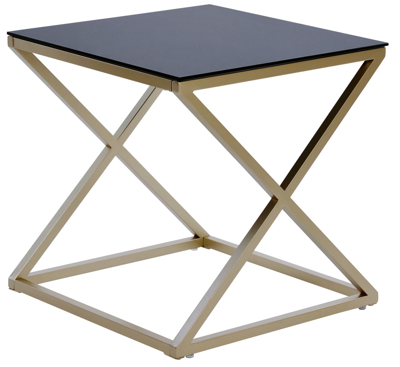 Moderner Beistell- oder Nachttisch mit schwarzer Tischplatte und goldfarbenem Metallgestell in X-Form, seitliche Perspektive.