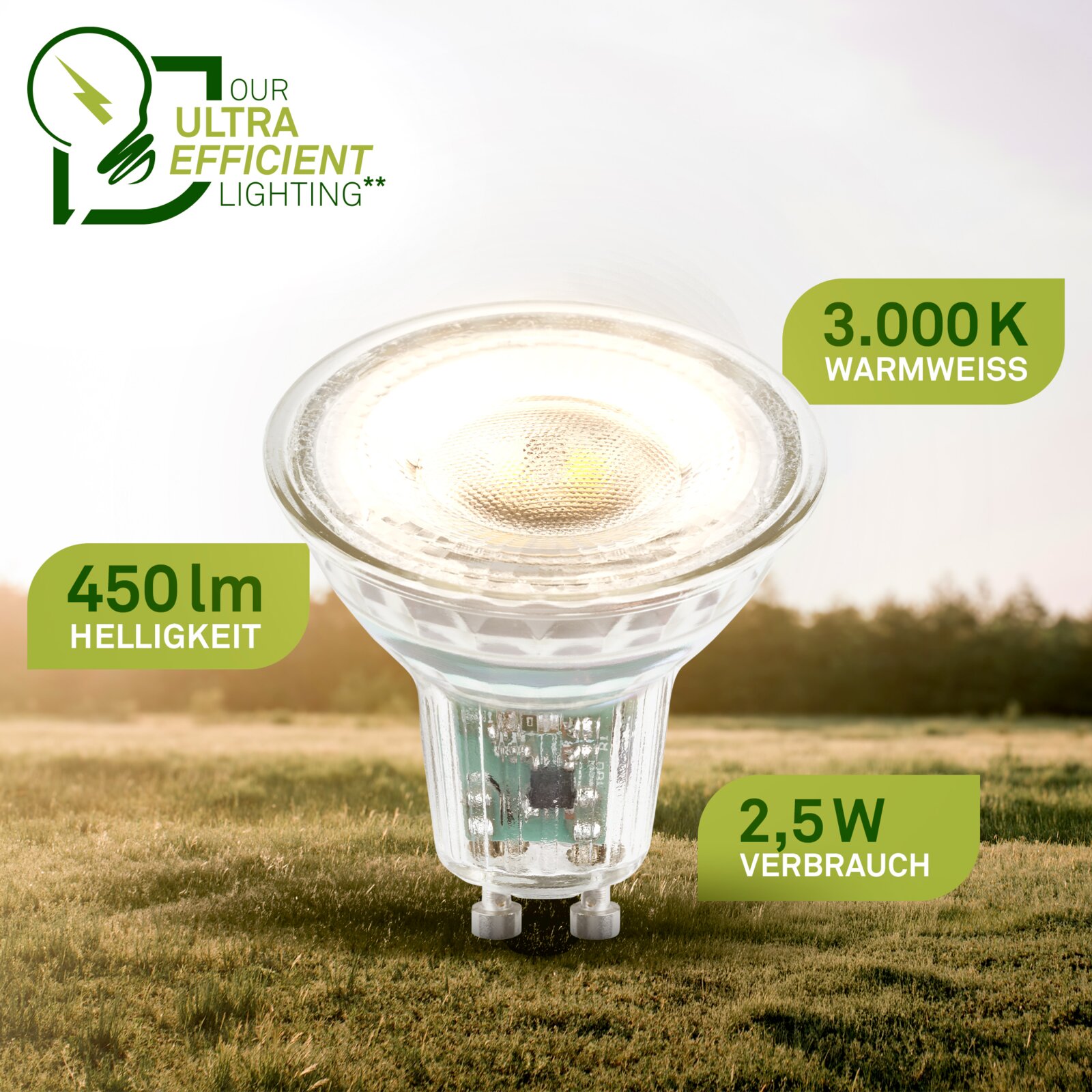 LED-spotlamp met GU10-fitting, frontaal van licht verhoogd perspectief weergegeven, met warmwit licht van 3000 K, 450 lm helderheid en 2,5 W verbruik