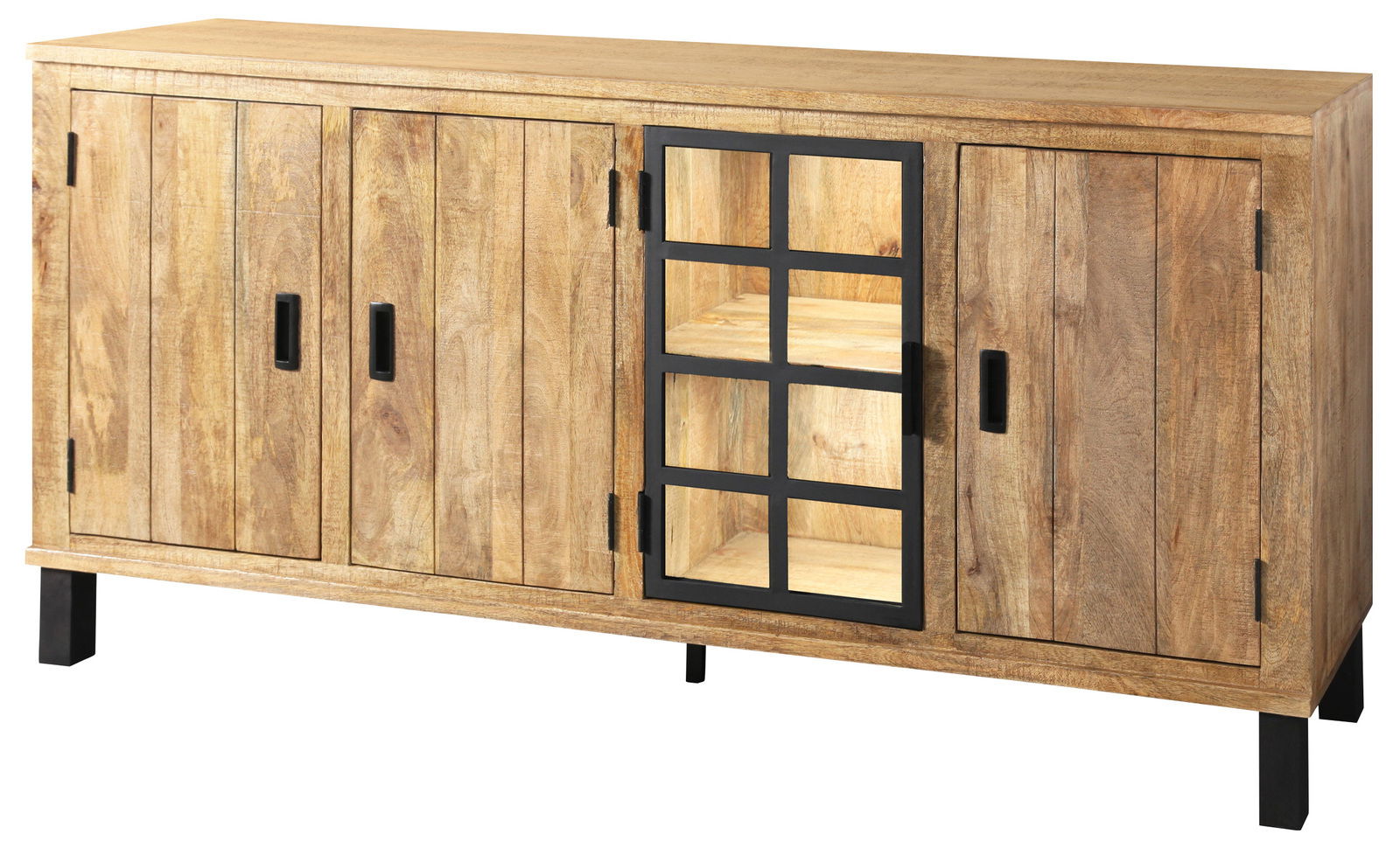 Landscape Sideboard KALI Holz-Sideboard mit vier Türen, davon eine mit Glaseinsatz und schwarzem Gitter, aus frontaler Perspektive.