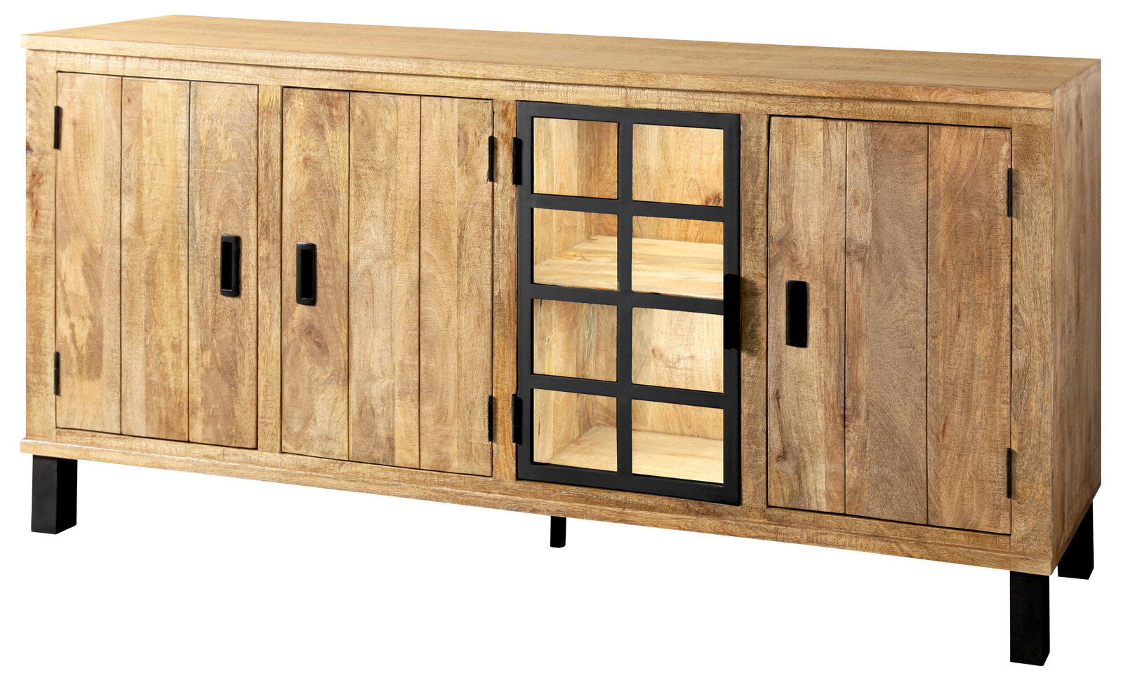 Landscape Sideboard KALI Holz-Sideboard mit vier Türen, davon eine mit Glaseinsatz und schwarzem Gitter, aus frontaler Perspektive.