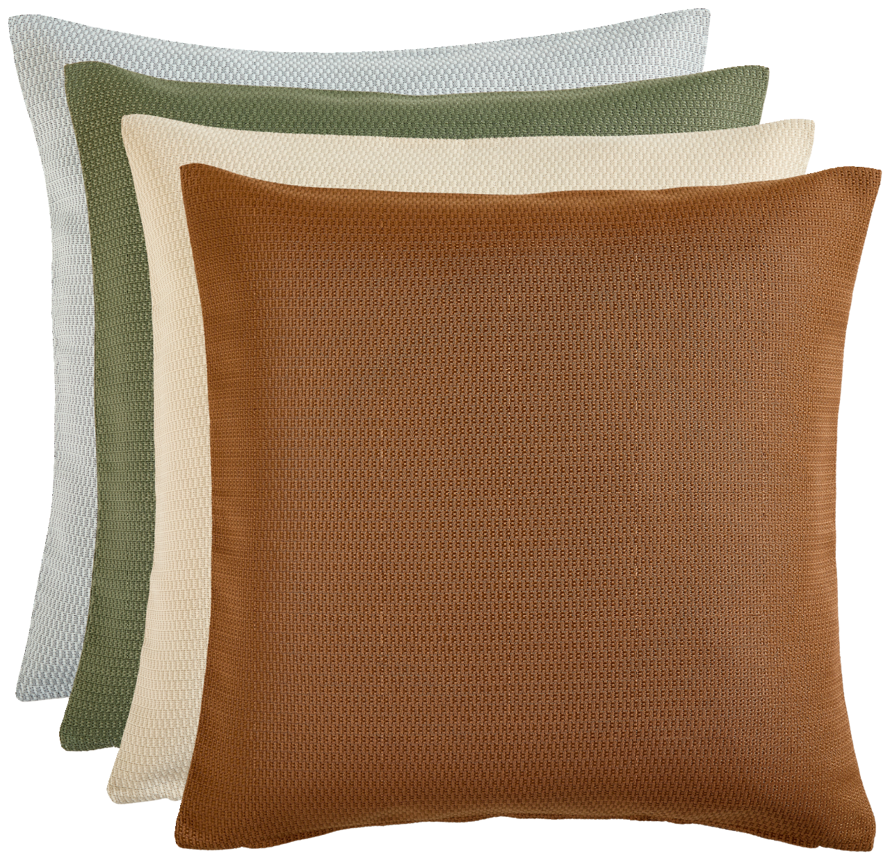 Vier Outdoor-Kissenhüllen in verschiedenen Farben, gestapelt in einer schrägen Perspektive.