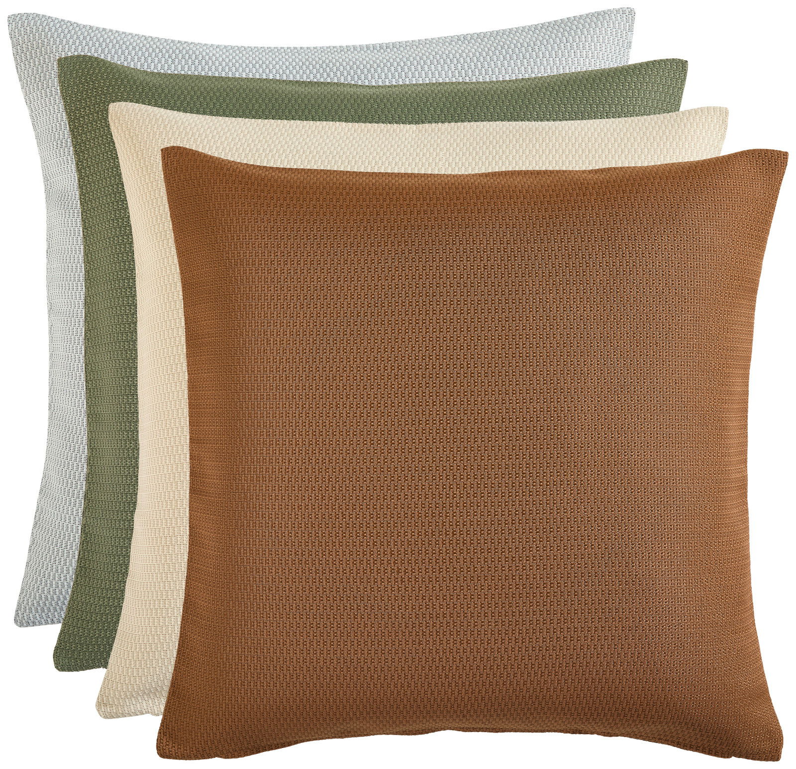 Vier Outdoor-Kissenhüllen in verschiedenen Farben, gestapelt in einer schrägen Perspektive.