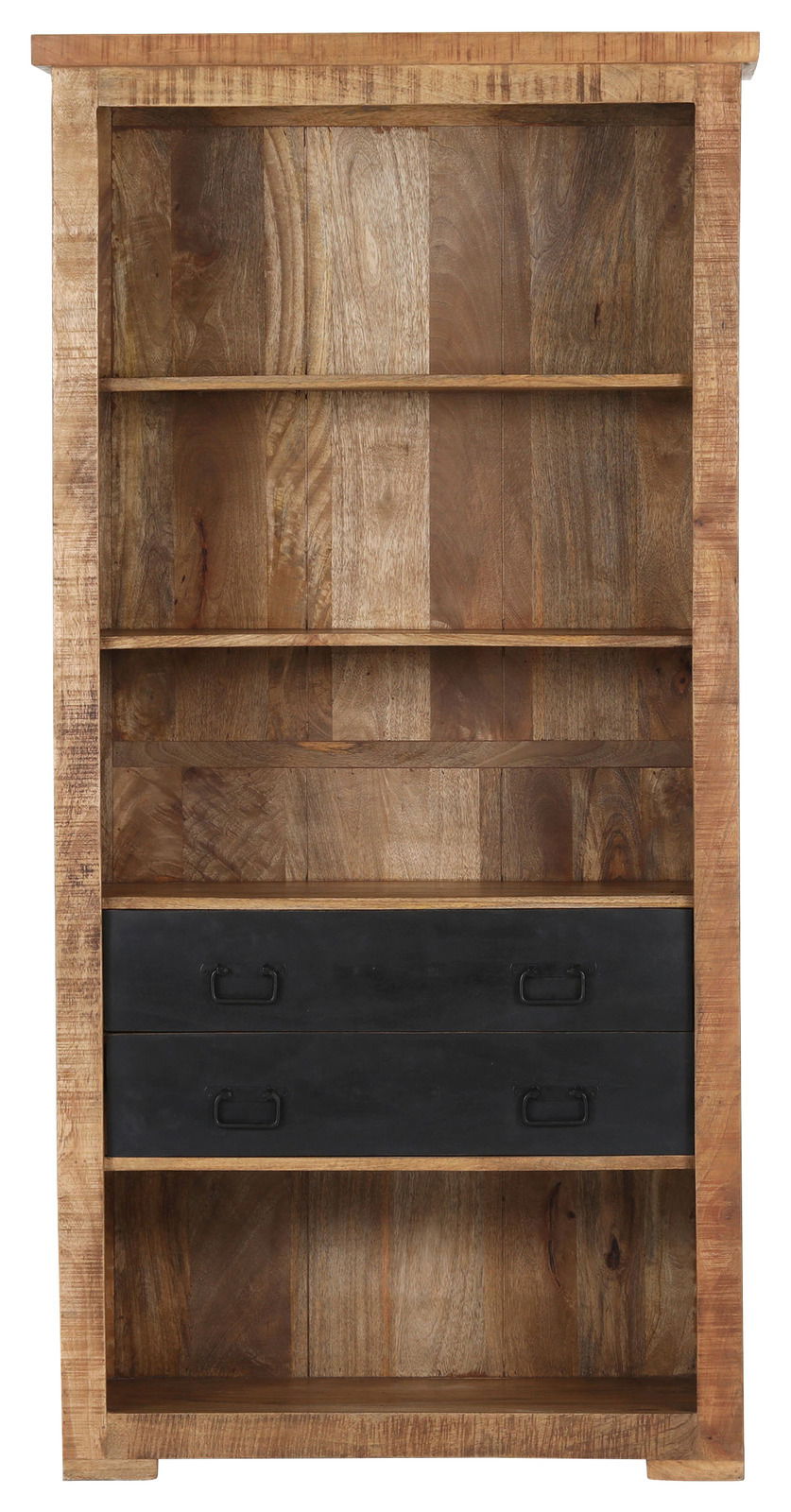 Holzregal mit zwei schwarzen Schubladen, frontal fotografiert