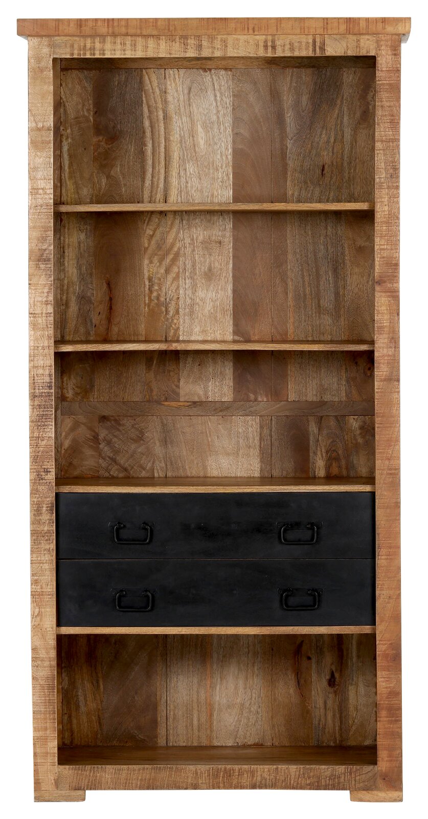 Holzregal mit zwei schwarzen Schubladen, frontal fotografiert