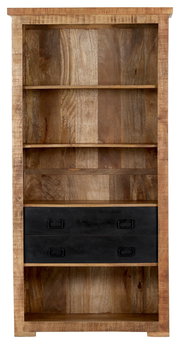 Holzregal mit zwei schwarzen Schubladen, frontal fotografiert