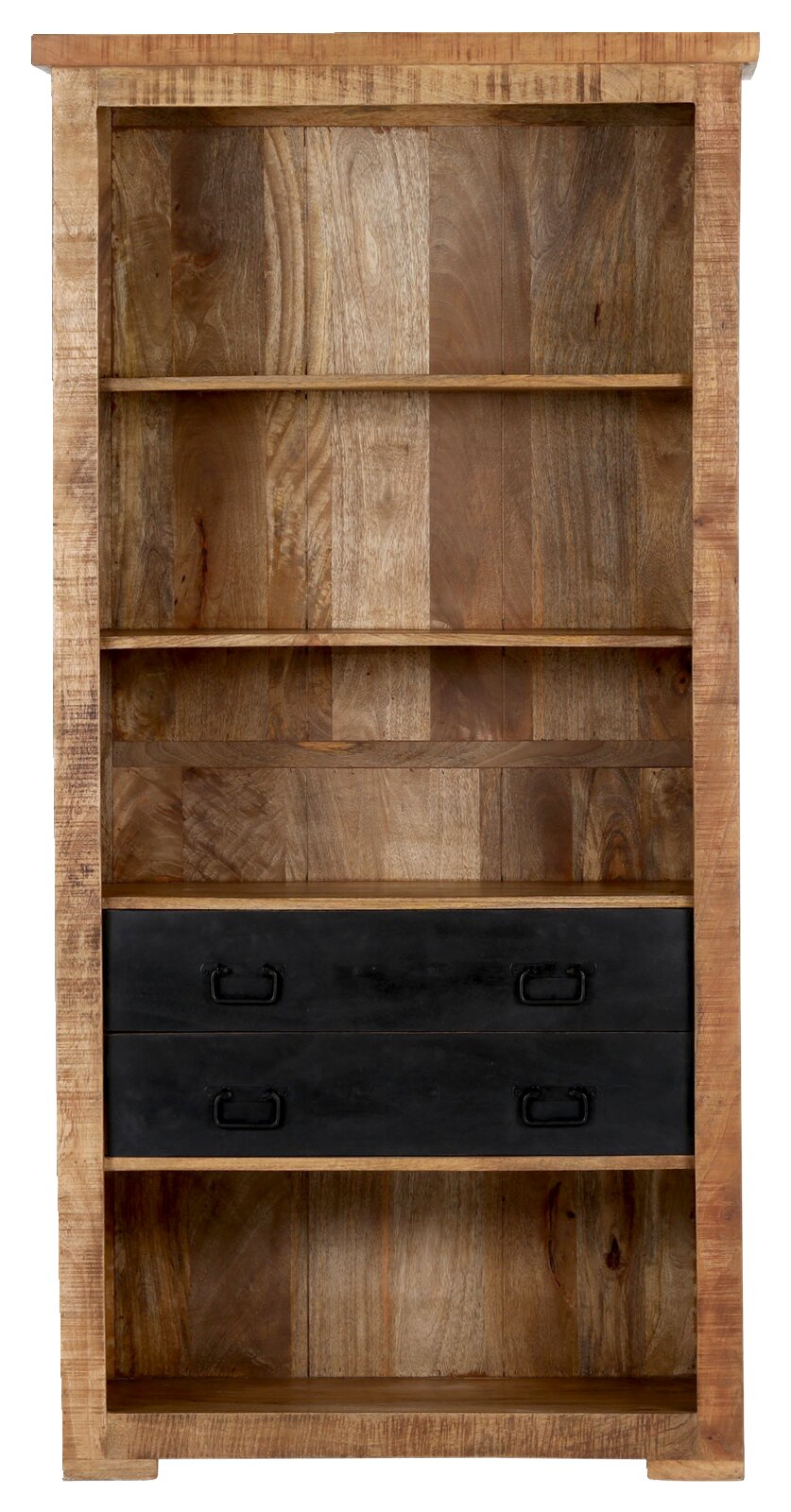 Houten plank met twee zwarte lades, gefotografeerd vanaf de voorkant