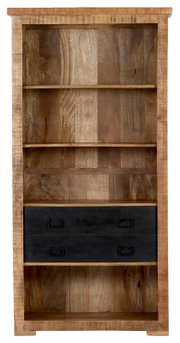 Houten plank met twee zwarte lades, gefotografeerd vanaf de voorkant