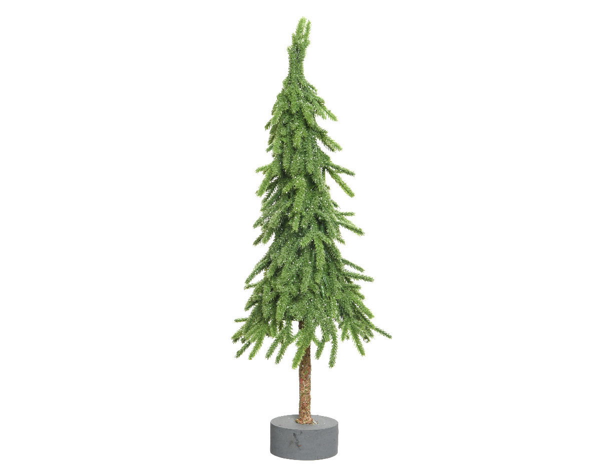 Kleiner künstlicher Weihnachtsbaum auf einem runden Ständer, seitliche Perspektive