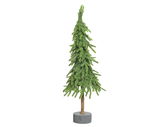Kleiner künstlicher Weihnachtsbaum auf einem runden Ständer, seitliche Perspektive