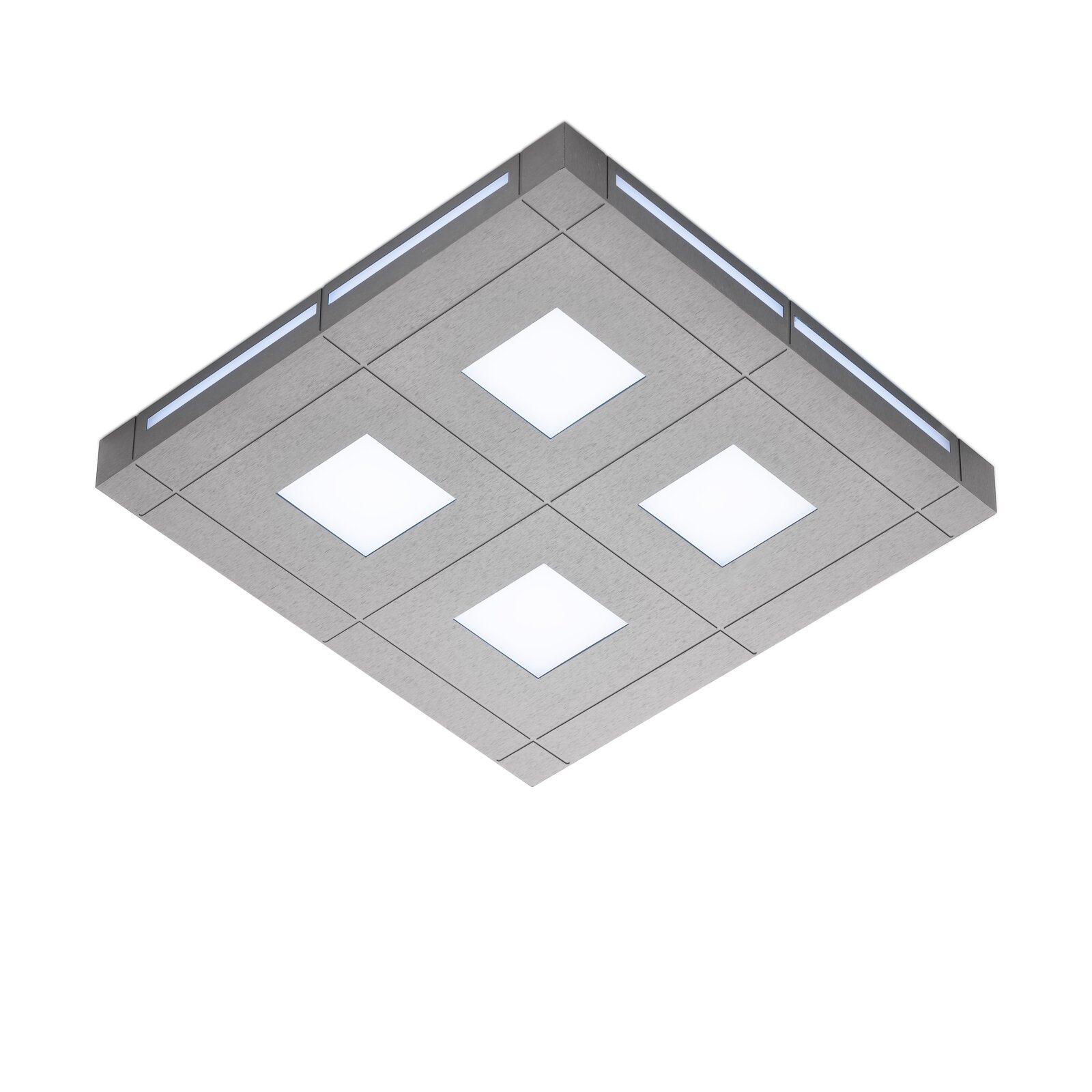 Moderne quadratische LED-Deckenleuchte in gebürsteter Metalloptik mit vier leuchtenden Quadraten und seitlichen Lichtleisten, aus schräger Untersicht dargestellt