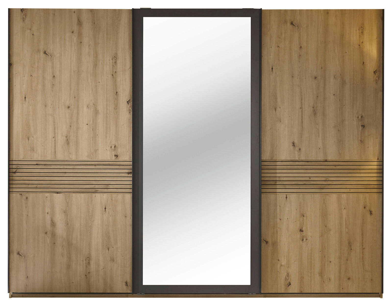 Schwebetürenschrank 3-türig mit Holzoptik und mittigem Spiegel, Frontalansicht