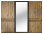 Schwebetürenschrank 3-türig mit Holzoptik und mittigem Spiegel, Frontalansicht