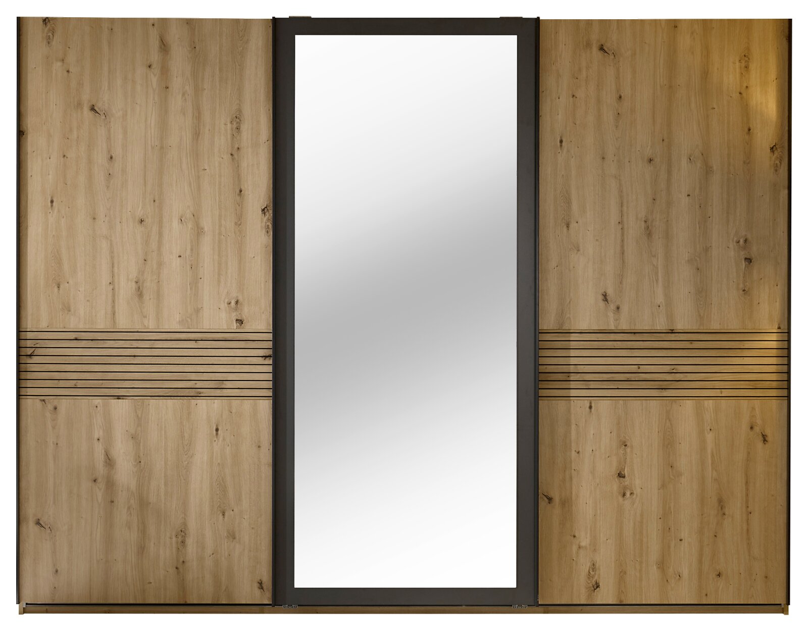 Schwebetürenschrank 3-türig mit Holzoptik und mittigem Spiegel, Frontalansicht