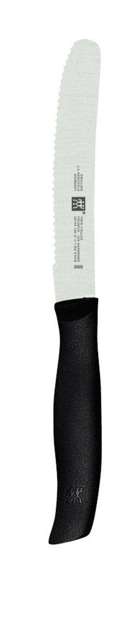 Universalmesser TWIN GRIP mit schwarzem Griff und Wellenschliffklinge, seitliche Ansicht