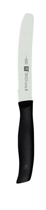Universalmesser TWIN GRIP mit schwarzem Griff und Wellenschliffklinge, seitliche Ansicht