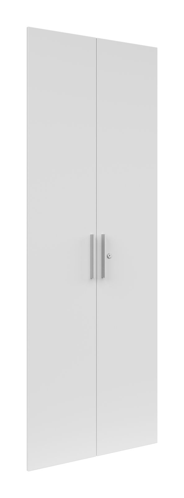 Zweiflügelige weiße Tür mit silbernen Griffen, seitliche Perspektive