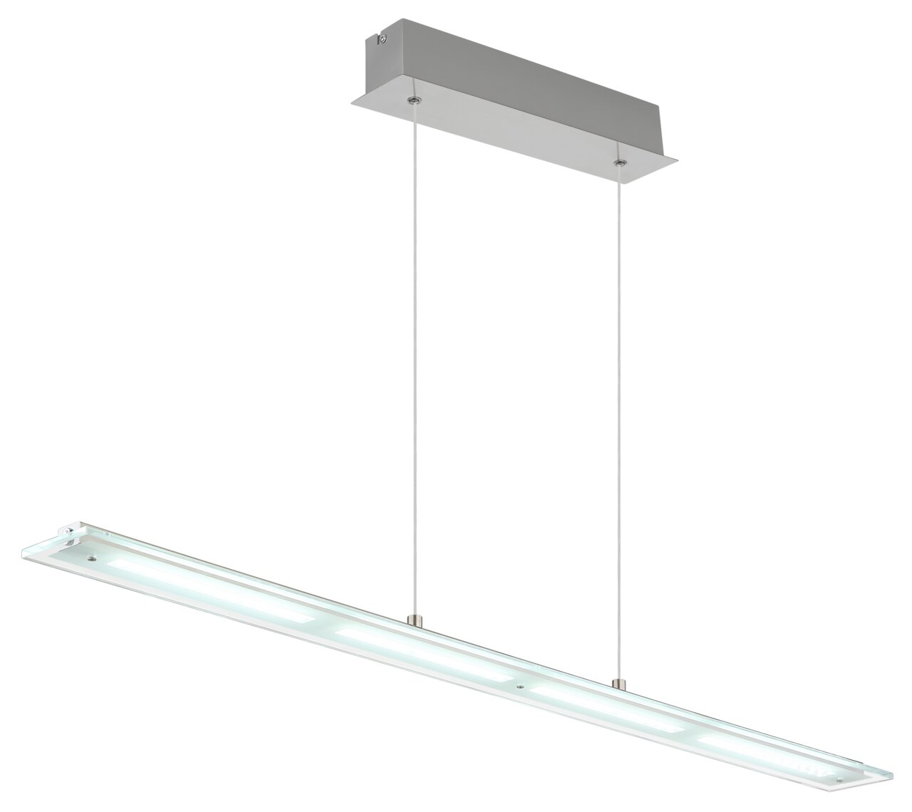 Moderne LED-Hängeleuchte in seitlicher Perspektive mit rechteckigem Design und silberner Aufhängung.