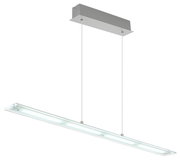 Moderne LED-Hängeleuchte in seitlicher Perspektive mit rechteckigem Design und silberner Aufhängung.