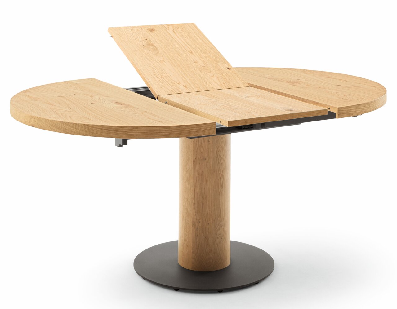 Runder Esstisch aus Holz mit ausziehbarer Platte, seitliche Perspektive