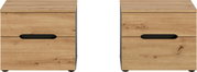 Holz-Nachttisch mit zwei Schubladen und schwarzer Griffmulde, Frontansicht (zwei Ansichten nebeneinander)