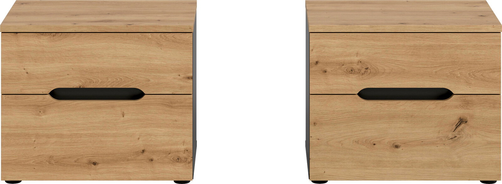 Holz-Nachttisch mit zwei Schubladen und schwarzer Griffmulde, Frontansicht (zwei Ansichten nebeneinander)