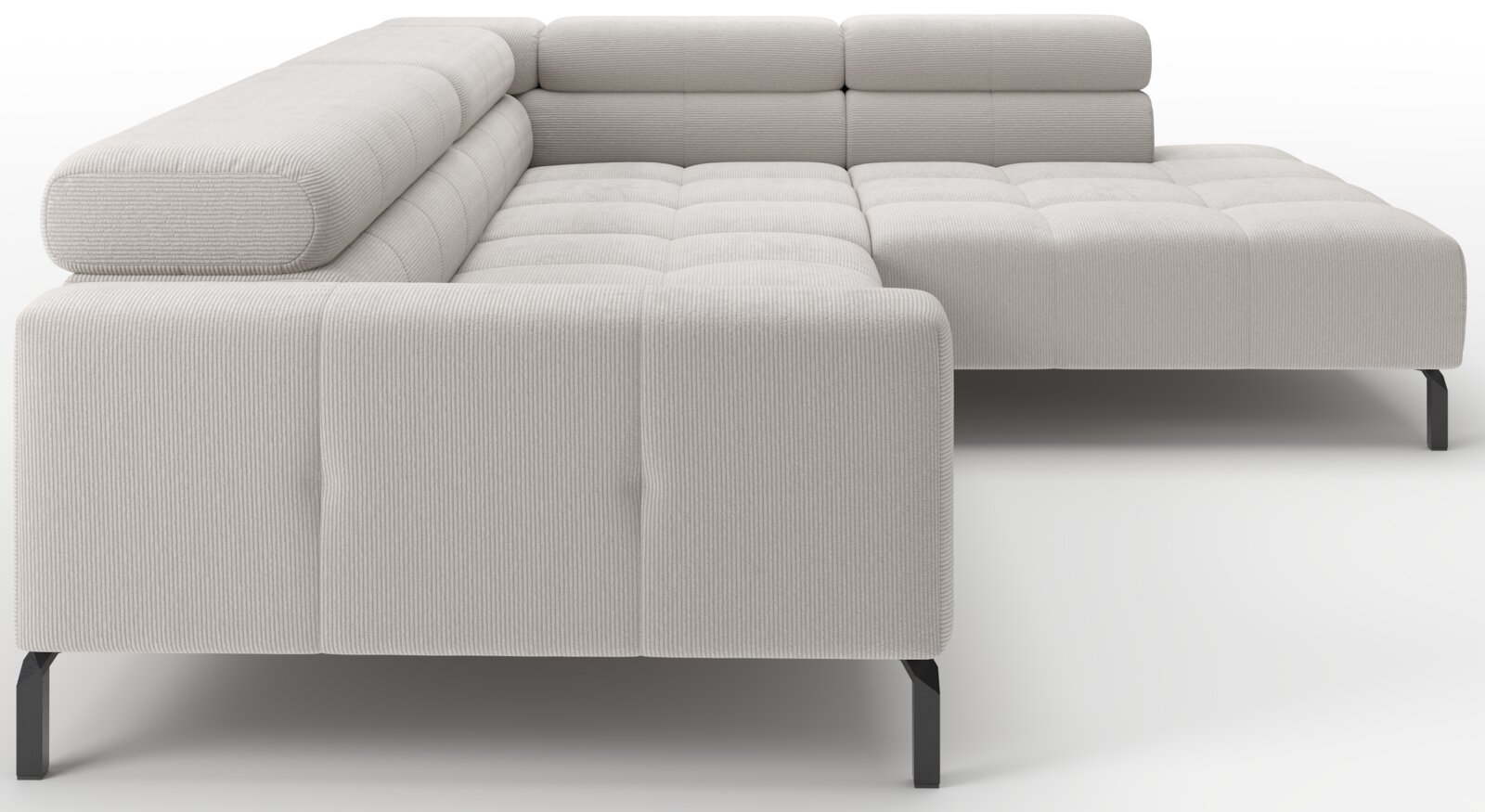 Lichtgrijze ribfluwelen hoekbank met chaise longue en zwarte metalen poten, gezien schuin van voren links (driekwartperspectief)