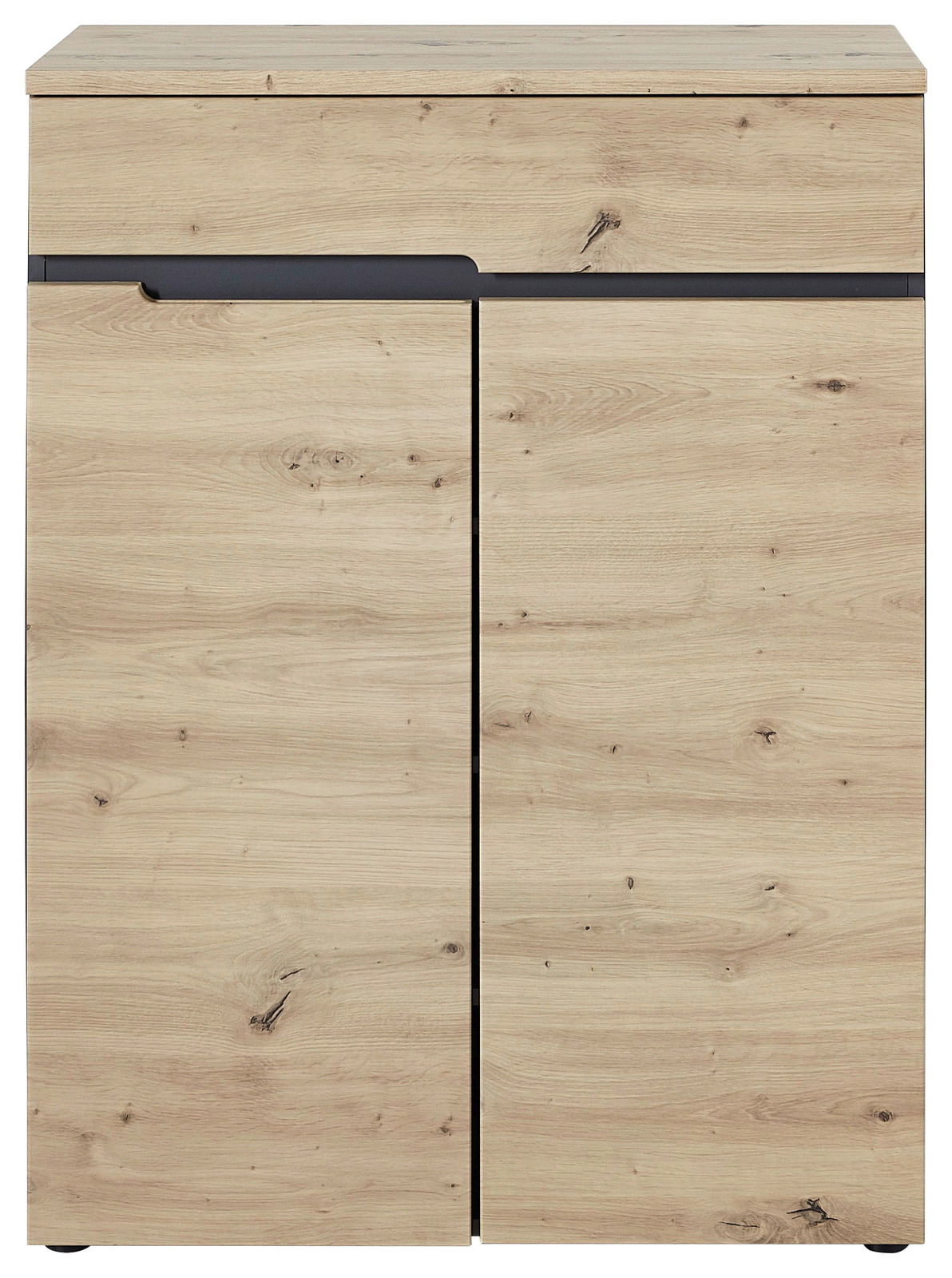 Schuhschrank aus Holz in heller Eichenoptik, frontal fotografiert