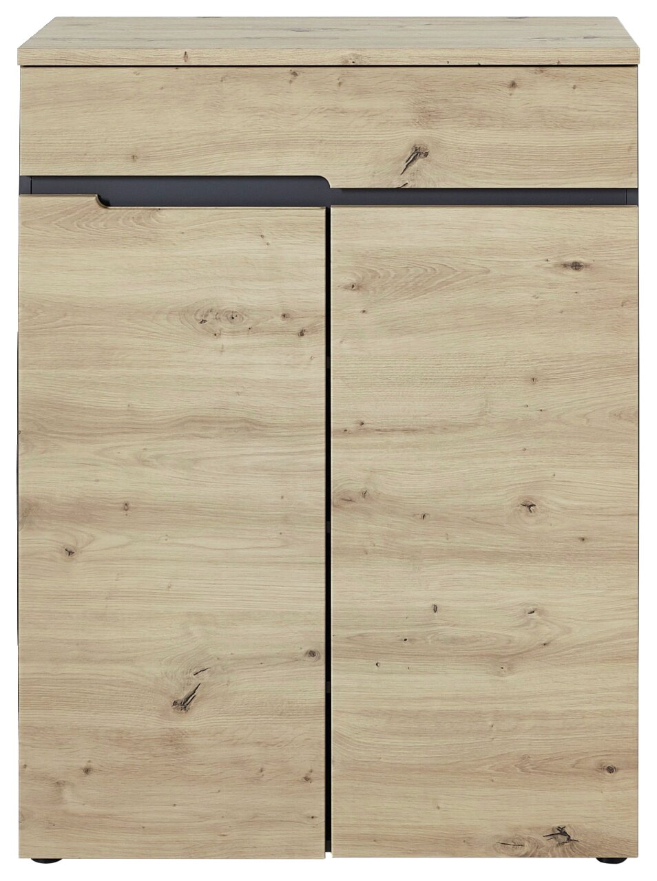 Schuhschrank aus Holz in heller Eichenoptik, frontal fotografiert