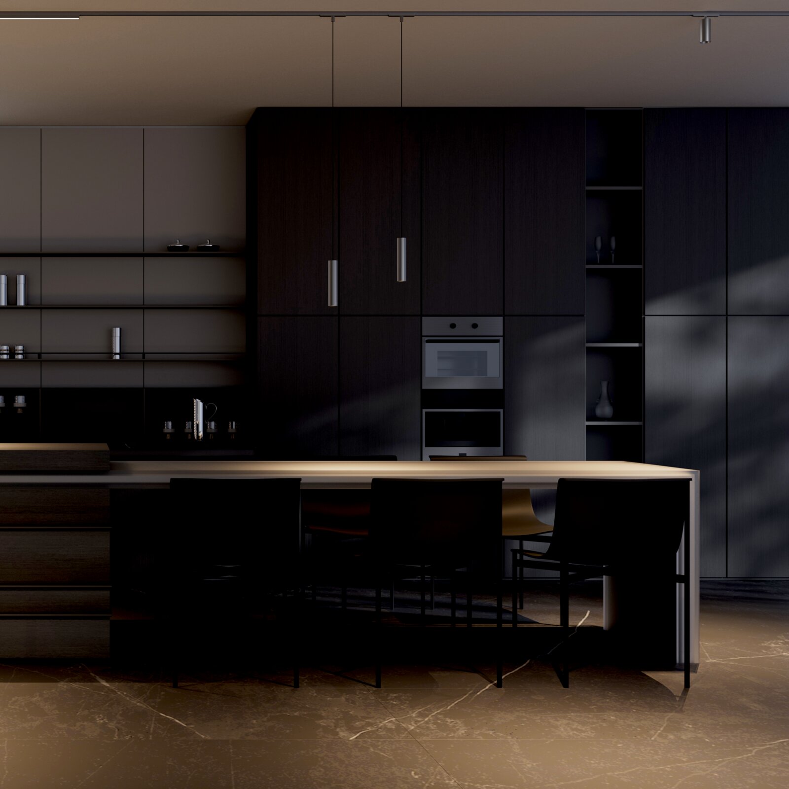 Moderne, dunkel gehaltene Designküche mit Kücheninsel und Barhockern, integrierten Einbaugeräten und offenen Regalen, frontal aus leicht erhöhter Perspektive aufgenommen