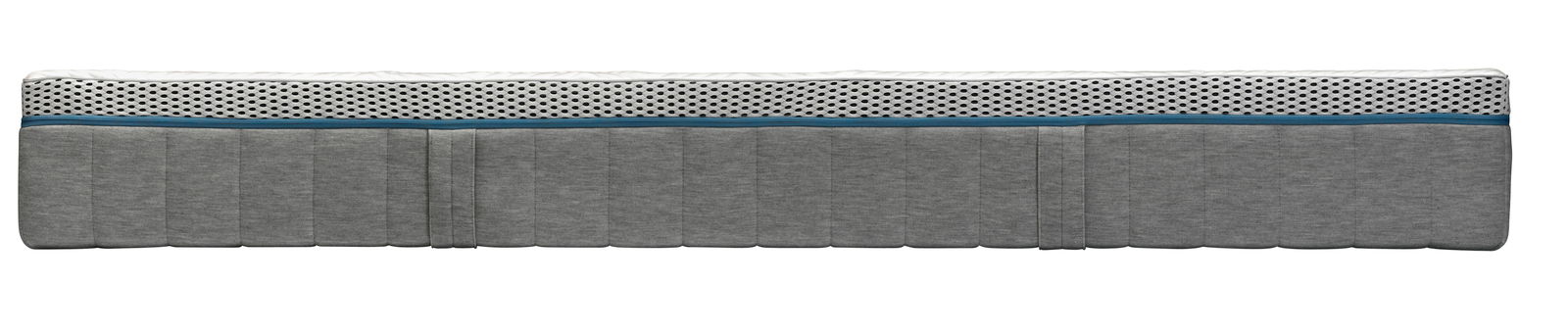 Seitenansicht einer grauen Matratze 90x200 EXTRA FEST mit gestepptem Design und einem weißen, gepunkteten Streifen an der Oberseite.