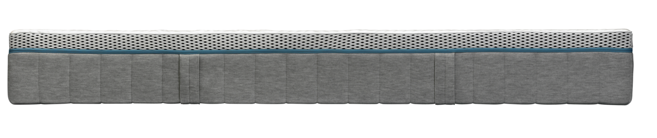 irisette Matratze BODY&SOUL Seitenansicht einer grauen Matratze 90x200 EXTRA FEST mit gestepptem Design und einem weißen, gepunkteten Streifen an der Oberseite.
