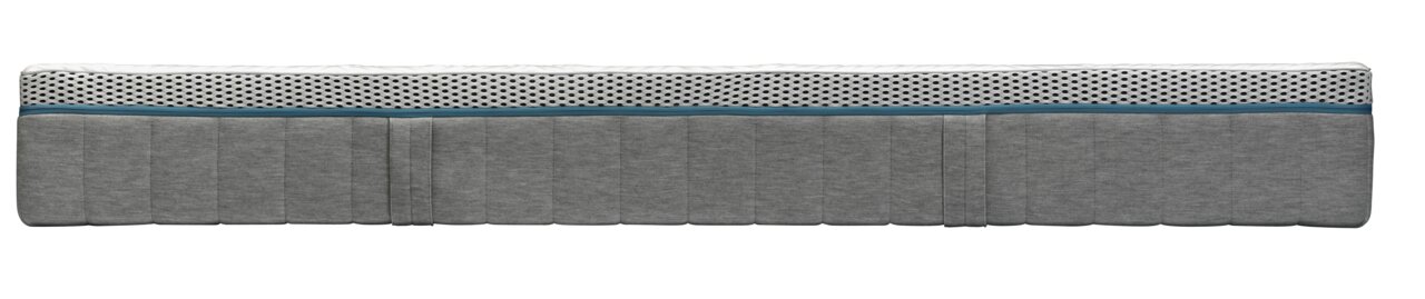 Seitenansicht einer grauen Matratze 90x200 EXTRA FEST mit gestepptem Design und einem weißen, gepunkteten Streifen an der Oberseite.