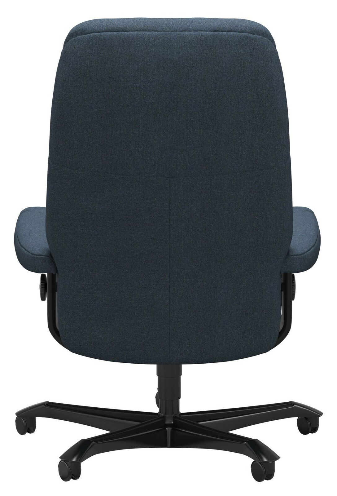 Rückansicht eines Chefsessels mit dunkelblauem Stoffbezug und schwarzem Fußkreuz auf Rollen.