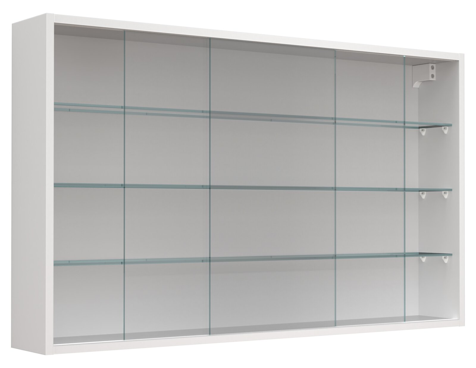 Weißer Wandvitrinenschrank mit transparenten Glasschiebetüren und drei Glasböden, frontale Ansicht leicht von links