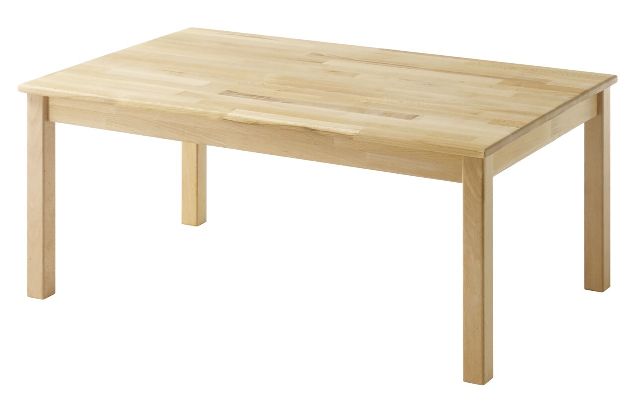Holz-Couchtisch in rechteckiger Form, aus hellem Holz, seitliche Perspektive