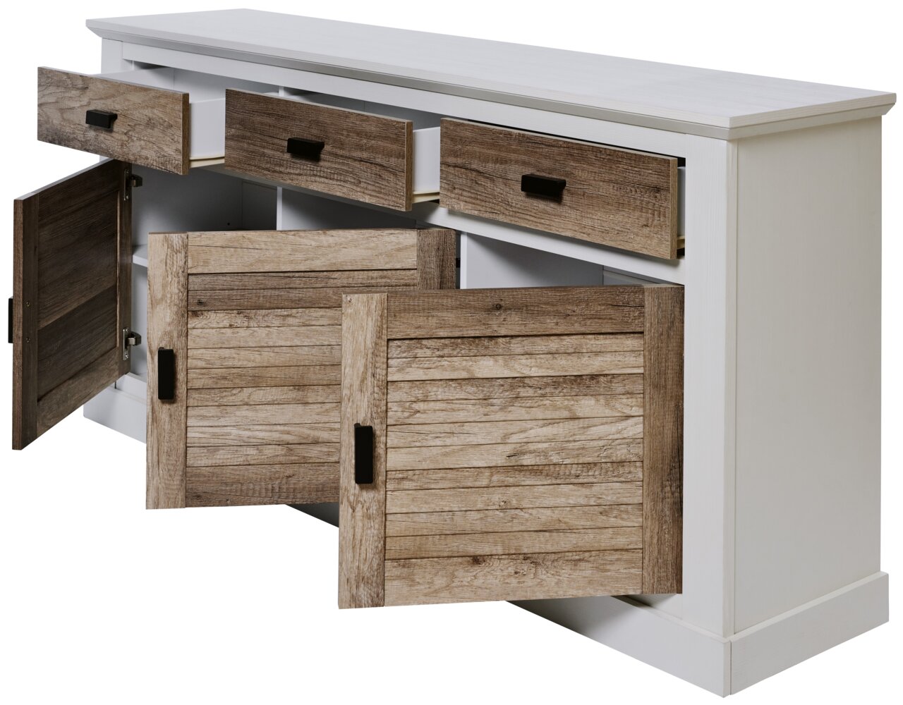 Wit dressoir met open lades en houten deuren, gezien van links vooraan