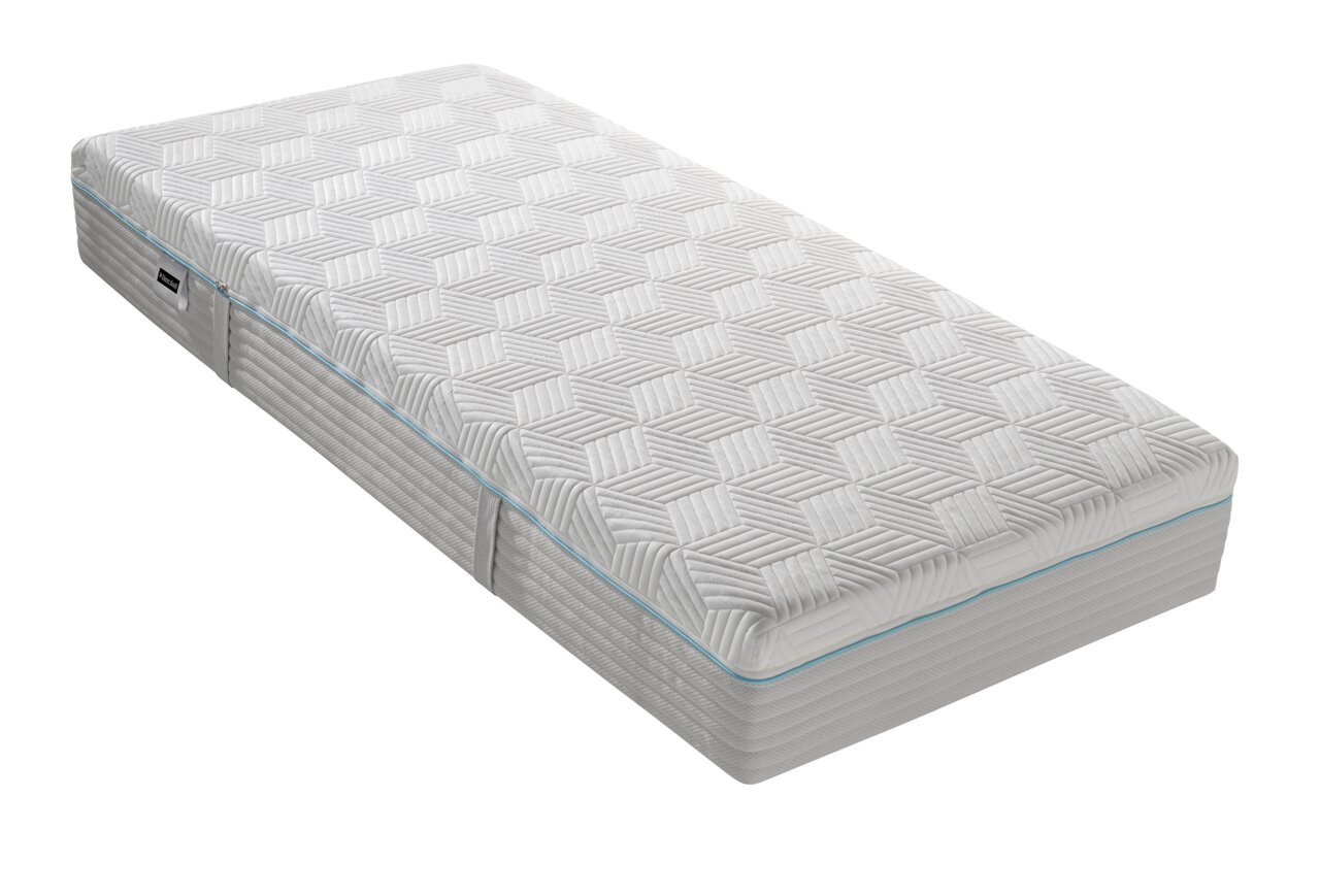 Dieter Knoll Gel-Kaltschaummatratze H4 OPTIFLOW GEL KS 26 Gel-Kaltschaummatratze in schräger Perspektive mit geometrischem Muster auf der Oberfläche.