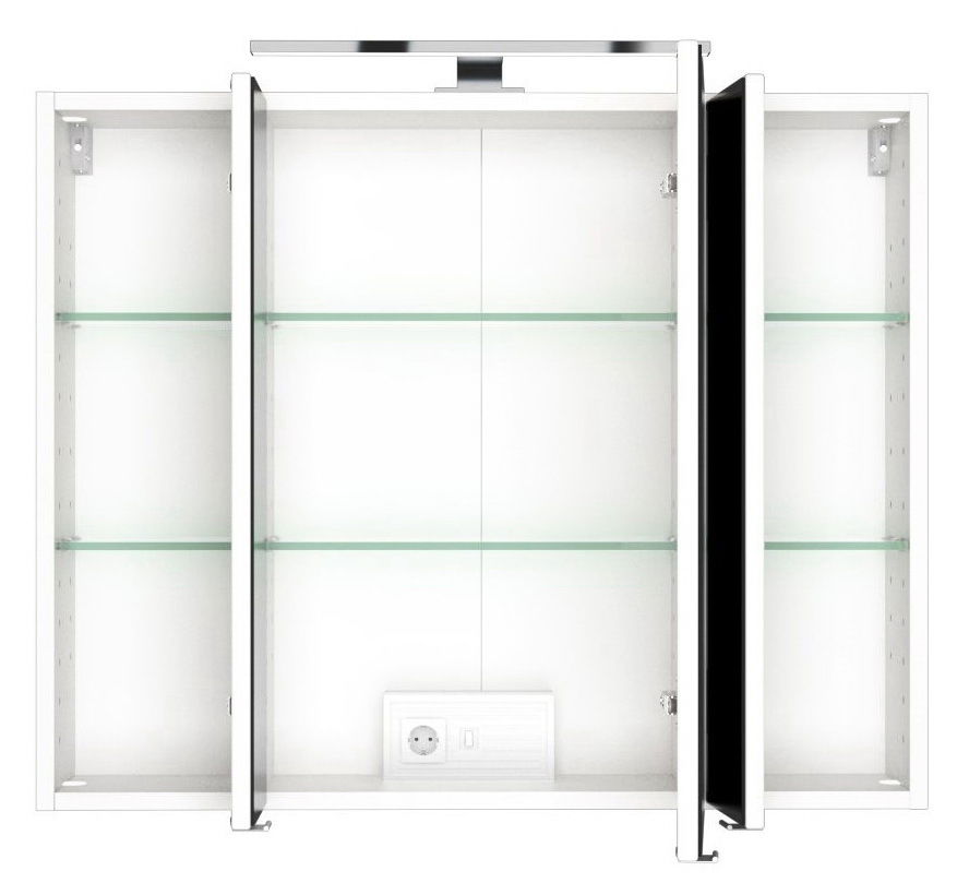 XORA Spiegelschrank BOLOGNA Spiegelschrank mit drei Türen, zwei davon geöffnet, zeigt Glasregale und integrierte Steckdose, Frontalansicht.