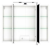 Spiegelschrank mit drei Türen, zwei davon geöffnet, zeigt Glasregale und integrierte Steckdose, Frontalansicht.