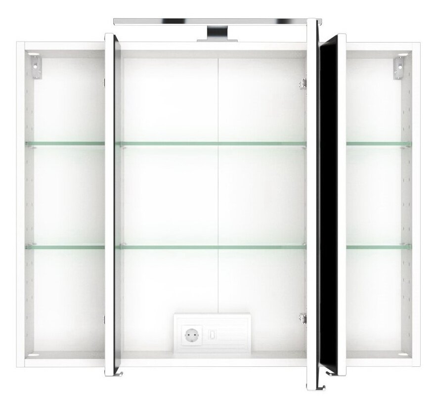 XORA Spiegelschrank BOLOGNA Spiegelschrank mit drei Türen, zwei davon geöffnet, zeigt Glasregale und integrierte Steckdose, Frontalansicht.