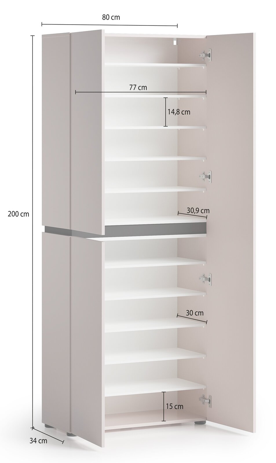 Hoher weißer Mehrzweckschrank mit geöffneten Türen und mehreren Einlegeböden, Maßgrafik mit 200 cm Höhe, 80 cm Breite und 34 cm Tiefe, Frontansicht in leichter Schrägperspektive