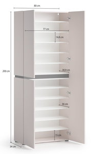 Hoher weißer Mehrzweckschrank mit geöffneten Türen und mehreren Einlegeböden, Maßgrafik mit 200 cm Höhe, 80 cm Breite und 34 cm Tiefe, Frontansicht in leichter Schrägperspektive