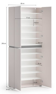 Hoher weißer Mehrzweckschrank mit geöffneten Türen und mehreren Einlegeböden, Maßgrafik mit 200 cm Höhe, 80 cm Breite und 34 cm Tiefe, Frontansicht in leichter Schrägperspektive
