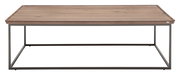 Moderner Couchtisch mit Holzplatte und Metallgestell, frontal betrachtet.